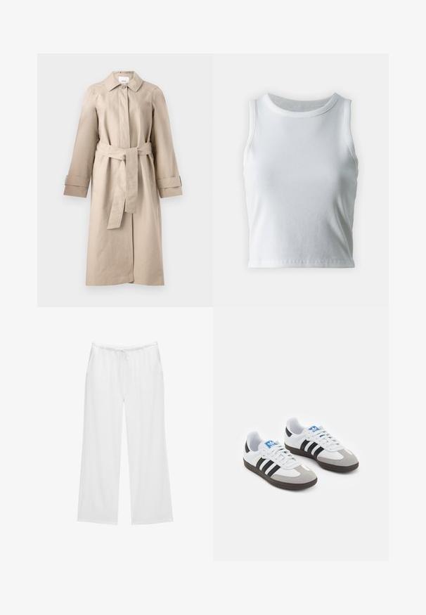Beige trenchcoat met een kraag, knoopsluiting, ceintuur in de taille en lange mouwen met manchetdetails. Gladde stof met een minimale textuur.; Witte geribde tanktop met een ronde halslijn en mouwloos ontwerp, voorzien van een rechte zoom en een gladde, rekbare textuur.; Witte wijde broekspunten gemaakt van zachte stof, met een elastische tailleband en een koord, en twee zijzakken. Eenvoudig en strak ontwerp.; Sportschoenen met een witte leren bovenkant, grijze suède neus en drie zwarte strepen. Bevat een blauw logo op de tong en een gestructureerde rubberen zool.