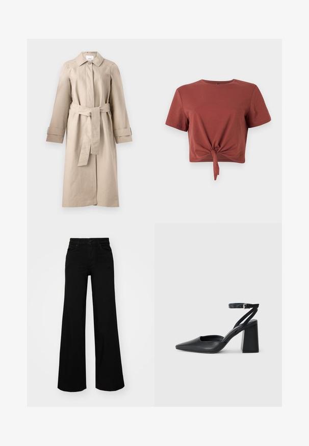 Beež trench jakk, millel on krae, nööpidega kinni pandud, vöökoht ja pikad varrukad, millel on mansetid. Sile kude, millel on minimaalne tekstuur.; Roostevärvi lühikeste varrukatega pehme puuvillane lühike särk, millel on sõlmedetail ees. Sile tekstuur, ümmargune kaelus.; Mustad mustad püksid, mis on valmistatud denimist, struktuurse vöökohtade, vöökootidega ja esikottidega. Sile tekstuur klassikalise disainiga.; Mustmustest must-käigukingad, millel on konksuga nöör ja paks konts. Ühtlane tekstuur, stiilne disain ja minimalistlik esteetika.