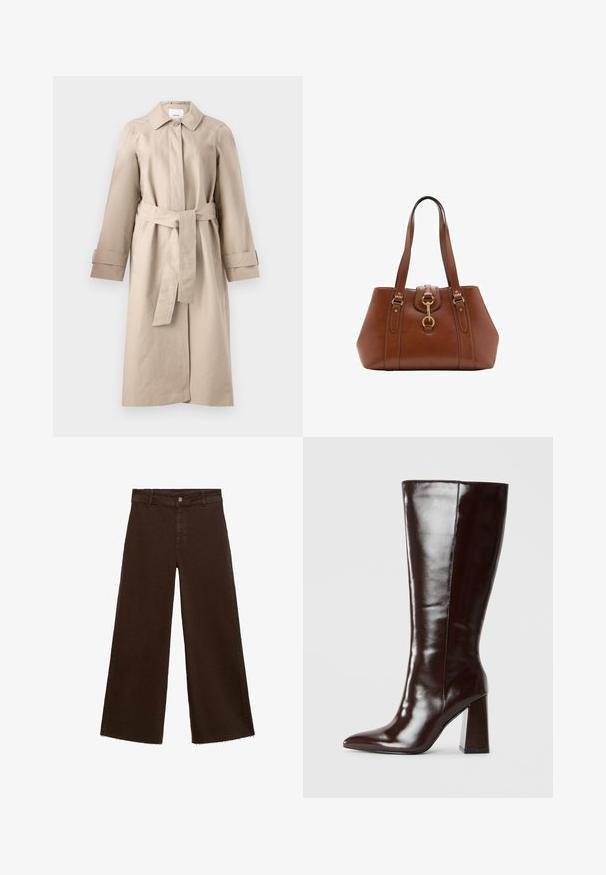 Bež trench kaput s ovratnikom, preklopom na dugmad, strukiranim pojasom i dugim rukavima s detaljima na manžetama. Glatka tkanina s minimalnom teksturom.; Brauni kratki rukavići s okruglim izrezom, izrađeni od teksturiranog materijala. Ima opušteni kroj i blago valoviti donji rub. Čist, minimalistički dizajn.; Smeđe široke hlače od pamuka, s raspucanim rubom, prednjim kopčanjem na dugme i klasičnim dizajnom s pet džepova. Minimalističke i svestrane.; Smeđa kožna čizme do koljena s sjajnom površinom, šiljastim vrhom i širokim blok-petom. Glatka tekstura i elegantan dizajn.; Smeđi kožni ručni torbica s dvostrukim trakama, okruglog oblika, zlatnim hardverom i središnjim detaljem kopče. Glatka tekstura s ušivenim detaljima.