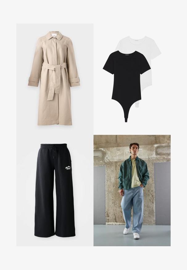 Beež trench jakk, millel on krae, nööpidega kinni pandud, vöökoht ja pikad varrukad, millel on mansetid. Sile kude, millel on minimaalne tekstuur.; Mustvalged lühikeste varrukatega bodid ümmarguste kaelustega ja stringpüksikestega, valmistatud siledast ja venivast kangast.; Mustad lai säärtega trennipüksid, millel on nööriga vöökoht. Vasakul küljel on välja tikitud tekst ning need on valmistatud pehmest puuvilla segust.; Roheline bomber jaki kerge kollase polo peal, koos laia sinise teksapükste ja valgete tossudega. Siledad kangad, mugav istuvus, minimaalne riistvara.