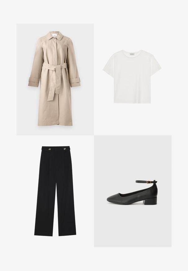 Beige trench coat with a collar, button closure, belted waist, and long sleeves featuring cuff detailing. Smooth fabric with minimal texture.; White short-sleeve T-shirt made of soft cotton. Features a round neckline and relaxed fit. Clean design with no visible patterns or accents.; Black wide-leg trousers with high waist, button details on waistband, and front pleats.; Black leather pump with a pointed toe and a low block heel. Features an ankle strap with a gold-tone buckle. Smooth texture.