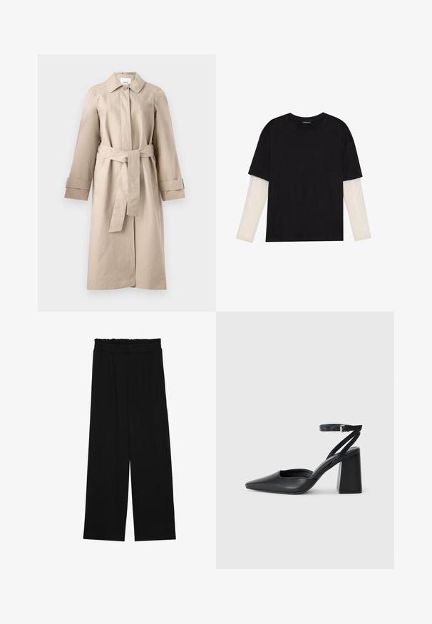 Beige trench coat with a collar, button closure, belted waist, and long sleeves featuring cuff detailing. Smooth fabric with minimal texture.; Black T-shirt made of cotton, featuring short sleeves over a white long-sleeve layer with a subtle textured pattern. Crew neckline design.; Black wide-leg trousers with a ruffled waistband, featuring two side pockets and a smooth, lightweight fabric. No visible patterns or hardware.; Black leather pointy-toe pump with an ankle strap and a chunky heel. Flat texture, sleek design, and minimalistic aesthetics.
