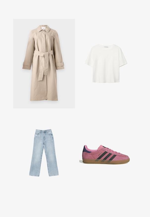 Beige trench coat with a collar, button closure, belted waist, and long sleeves featuring cuff detailing. Smooth fabric with minimal texture.; White short-sleeve t-shirt made of cotton. Features a crew neckline and a relaxed fit. Smooth texture with no visible patterns or accents.; Light blue denim jeans with a wide-leg cut, distressed detailing, five-pocket design, and a zip-fly closure.; Pink suede sneaker with black stripes, gum sole, and textured purple heel. Features a lace-up design and embossed branding on the side.