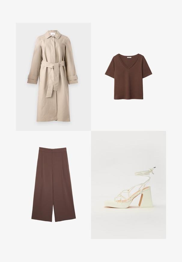 Beige trenchcoat med krage, knappstängning, bältesmidja och långa ärmar med manschettdetaljer. Slät tyg med minimal struktur.; Brun bomulls t-shirt med korta ärmar och djup V-ringning. Enkel design, mjuk textur och rak fåll. Inga mönster eller dekorationer.; Bruna vida byxor med en slät textur, som har hög midja och framfickor. Tyget är lätt och flödar löst.; Vit högklackad sandal med en kraftig klack, med ett remdesign och ankelband. Slät textur med en plattform framtill för ökad höjd.