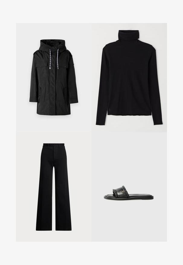 Crni vodootporni parkerski kaput s kapuljačom, koji ima dva prednja džepa, podesive vezice i ravni kroj.; Crna majica s visokim ovratnikom od rebrastog materijala. Dugi rukavi, uski dizajn i blago opuštena donja linija bez vidljivih uzoraka ili hardvera.; Crne hlače širokih nogavica izrađene od tkanine, s visokim strukom, prednjim kopčanjem na dugme i bočnim džepovima. Glatka tekstura s čistim linijama.; Crne kožne sandale s pletenim detaljem na remenu, ravnim potplatom i elegantnim dizajnom. Glatka tekstura i minimalistički profil.