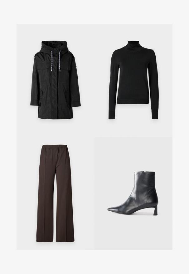 Parka nera impermeabile con cappuccio, dotata di due tasche frontali, regolatori e un design a taglio dritto.; Pullover nero a maniche lunghe con collo alto, rifinito con polsini e orlo a coste, mostrato su uno sfondo bianco semplice.; Pantaloni a gamba larga in tessuto marrone scuro con vita elastica, caratterizzati da una superficie liscia e linee pulite per un look elegante.; Stivaletto in pelle nera con punta affusolata e design elegante. Presenta un tacco basso e una chiusura con zip sul retro. Texture liscia.