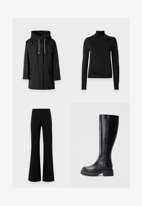 Črna vodoodporna parka jakna s kapuco, ki ima dva sprednja žepa, nastavljive vrvice in ravno krojeno zasnovo.; Črni pulover s dolgimi rokavi in vratnikom, z rebrastimi манжетами in robom, prikazan na enobarvni beli podlagi.; Črne krilate hlače z visokim pasom, izdelane iz raztegljive tkanine. Imajo vertikalne šive na sprednji strani in gladko teksturo.; Črne škornje do kolen iz gladke usnje, z zaobljenim nosom in debelim gumijastim podplatom z vzorci za oprijem.