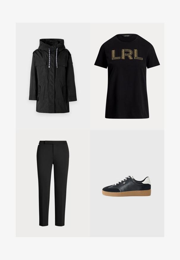 Black waterproof parka jacket with a hood, featuring two front pockets, adjustable drawstrings, and a straight cut design.; Black cotton t-shirt with short sleeves featuring gold embroidered "LRL" text on the front. Round neckline, relaxed fit, smooth texture.; Black tapered pants made from a stretchy fabric, featuring a flat waistband, side pockets, and a smooth, matte texture. No visible fastenings.; Black leather and suede sneaker with a light brown rubber sole. Features white laces and small perforations on the sides. Michael Kors logo present.