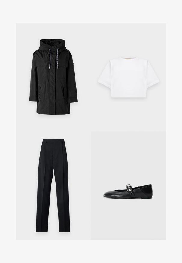 Must päikesetõkke jope, millel on kapuuts, kaks esi-taskut, reguleeritavad tõmblukud ja sirge lõikega disain.; Lühikeste varrukatega, pehmest kangast lõigatud valge T-särk, millel on ümar kaelus ja soonikuga ääred. Lihtne ja ilma kaunistusteta disain.; Mustad püksid siledast kangast, millel on kõrge vöökoht, laiad jalad, esimesed kortsud ja klassikalised vööloopid. Küljepockets pole nähtavad.; Mustadest nahast balleti kingad terava varbaga, millel on rihm ümmarguse metallist pandlaga ja lame tald.