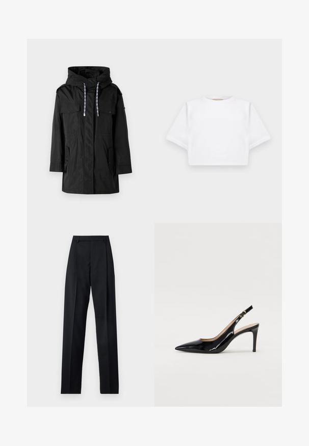 Parka nera impermeabile con cappuccio, dotata di due tasche frontali, regolatori e un design a taglio dritto.; T-shirt bianca cropped realizzata in tessuto morbido, con maniche corte, scollo rotondo e dettagli a costine sull'orlo. Design semplice e senza fronzoli.; Pantaloni neri realizzati in tessuto morbido, caratterizzati da vita alta, gambe larghe, pince frontali e classiche passanti per cintura. Non ci sono tasche laterali visibili.; Pumps slingback in pelle verniciata nera con punta affilata, tacco sottile e un design con ritagli delicati. Caratterizzate da una fibbia dorata sul cinturino.