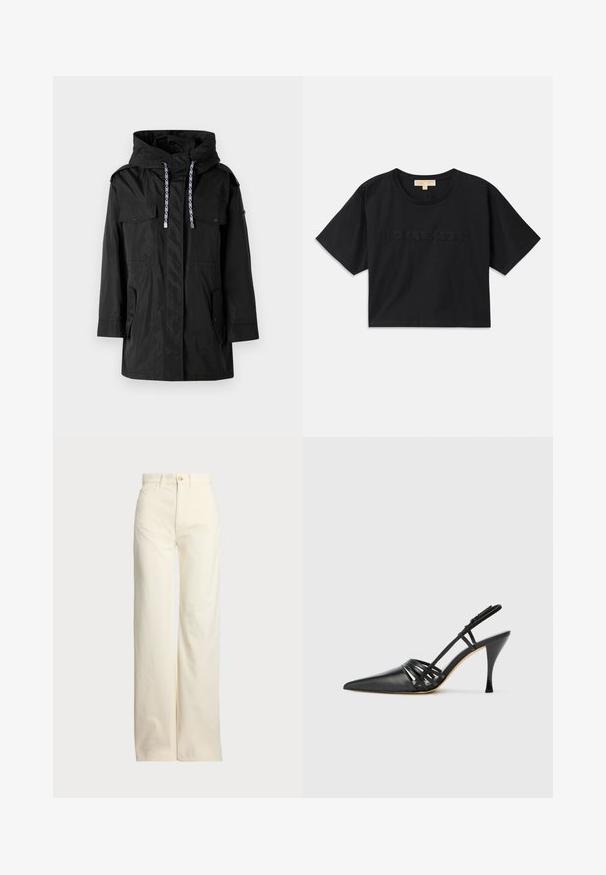 Sort vandtæt parka-jakke med hætte, der har to forlommer, justerbare snore og et lige snit.; Sort cropped t-shirt lavet af bomuld. Har rund halsudskæring og korte ærmer. "MICHAEL KORS" broderet i matchende farve på fronten.; Polo Ralph Lauren COTTON CORDUROY WIDE-LEG PANT - Bukser - warm white; Sort læder højhælede slingback-sko med spids tå, crisscross-remdesign og slank stiletto-hæl. Glat tekstur og minimale accenter.