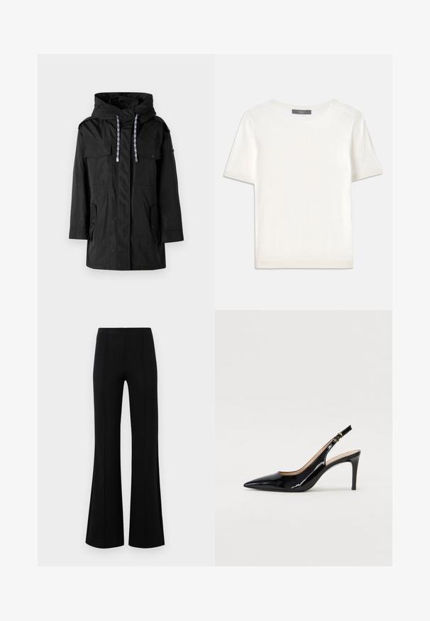 Parka nera impermeabile con cappuccio, dotata di due tasche frontali, regolatori e un design a taglio dritto.; Top corto a maniche corte di colore bianco, in maglia, con scollatura rotonda. Presenta una texture liscia e accenti a coste sottili sulle maniche e sull'orlo.; Pantaloni neri a zampa d'elefante con vita alta, realizzati in tessuto elastico. Presentano dettagli di cucitura verticale nella parte anteriore e una texture liscia.; Pumps slingback in pelle verniciata nera con punta affilata, tacco sottile e un design con ritagli delicati. Caratterizzate da una fibbia dorata sul cinturino.