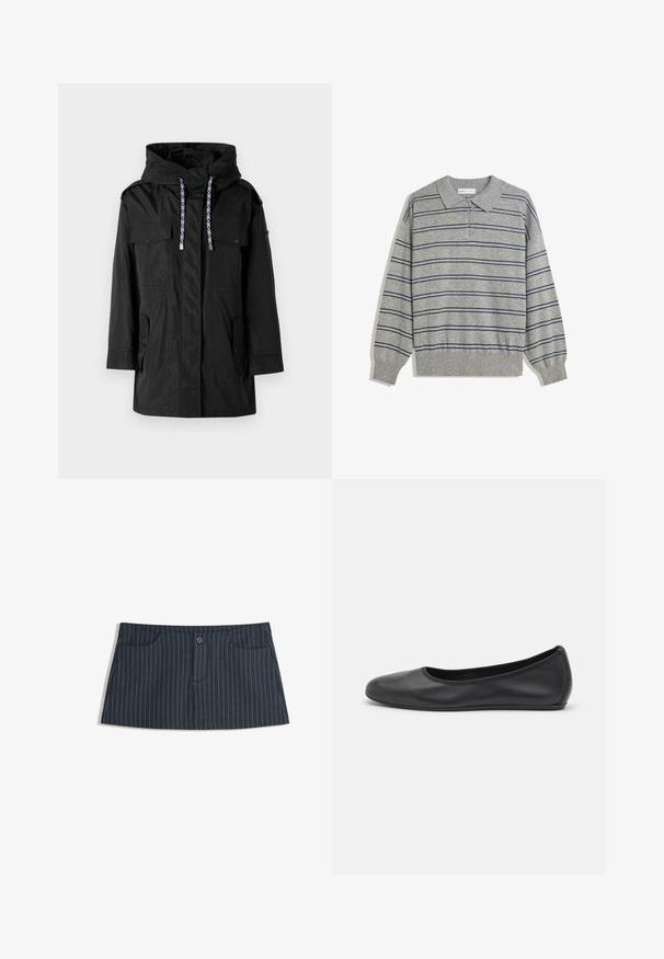 Jachetă parka impermeabilă neagră cu glugă, având două buzunare frontale, sireturi ajustabile și un design cu croială dreaptă.; Pulover lung cu mâneci lungi de culoare gri, cu guler, prezentând dungi orizontale bleumarin și o închidere cu nasturi la guler. Textură moale.; Fustă mini navy blue cu dungi, cu buzunare frontale și închidere cu un singur nasture la talie.; Balerini din piele neagră, cu vârf rotund, textură netedă, detalii de cusătură minimale și un design al tălpii flexibil.