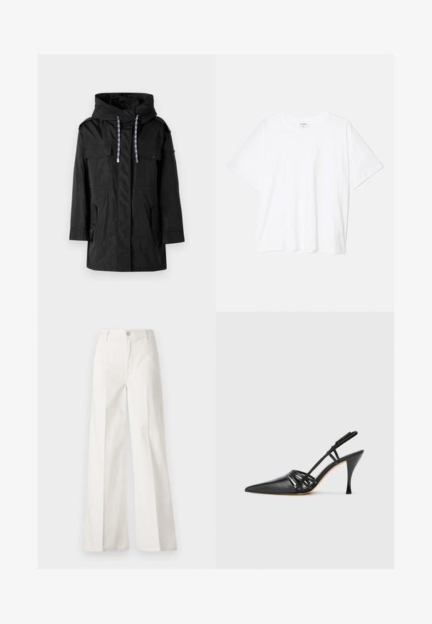 Juodas vandeniui atsparus parka tipo švarkas su kapišonu, turintis dvi priekinės kišenes, reguliuojamus raištelius ir tiesaus kirpimo dizainą.; Balta medvilnės marškinėliai trumpomis rankovėmis, apvalia iškirpte, laisvo kirpimo ir su siūtu kraštu. Etiketė matoma vidinėje iškirptės pusėje.; Balti platūs baltos spalvos keliai, pagaminti iš medvilnės su lygiu paviršiumi. Yra priekinis mygtukas, užtrauktukas ir keturi kišenės.; Juodas odinis aukštakulnis slingback batelis su smailiu noseliu, kryžminiu dirželiu ir plonu stiletto kulnu. Lygus paviršius ir minimalūs akcentai.