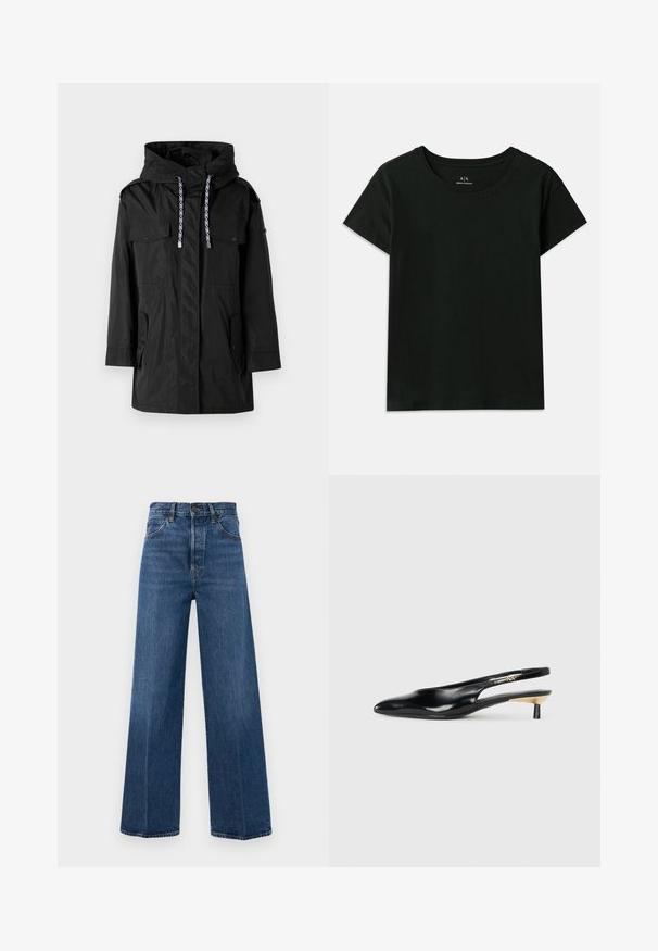Čierna nepremokavá parka s kapucňou, obsahujúca dve predné vrecká, nastaviteľné šnúrky a rovný strih.; Čierne tričko s krátkym rukávom vyrobené z bavlny. Má klasický okrúhly výstrih a vytlačený nápis "Armani Exchange" pozdĺž ramena. Jednoduchý dizajn.; Džíny s širokými nohavicami v modrej farbe vyrobené z denimu s vysokým pásom, prednými vreckami a kontrastným prešívaním. Tkanina má hladkú textúru.; Čierne slingback lodičky s ostrou špicou, lesklým koženým povrchom a malým podpätkom s zlatým doplnkom. Elegantný dizajn s otvorenou zadnou časťou.