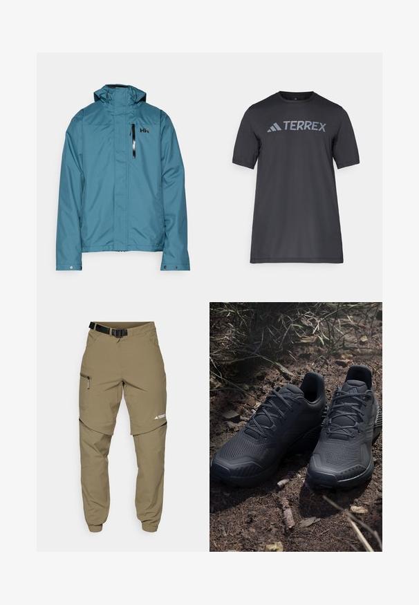 Teal waterproof jacket with a high collar, adjustable hood, and zippered chest pocket. Features a subtle logo on the upper left.; Black short-sleeve t-shirt made of lightweight fabric, featuring a light gray “TERREX” logo across the chest and a crew neckline.; Khaki outdoor pants with a adjustable black belt, zippered pockets, tapered cuffs, and detachable lower legs for versatile styling.; Black athletic shoes with a textured knit upper, reinforced toe, and cushioned sole, displayed on earthy ground with scattered twigs.