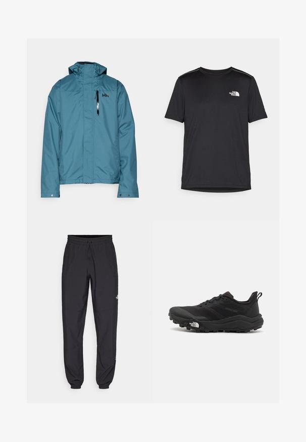 Turkioji nepralaidi vandeniui striukė su aukštu apykakle, reguliuojama kapišonu ir užtrauktuku užsegama krūtine kišenė. Viršuje kairėje pusėje yra subtilus logotipas.; Juodas trumpas rankovės marškinėliai, pagaminti iš lengvos medžiagos. Yra mažas baltas logotipas kairiajame krūtinės pusėje ir subtilūs pečių akcentai.; Juodos sportinės kelnės, pagamintos iš lengvos medžiagos, su raišteliu liemens srityje, šoniniais kišenėmis ir siaurėjantys apykaklės prie kulkšnies.; Juoda bėgimo batai su tekstūruotu paviršiumi, guma padais ir sustiprinta pirštų dalimi. Yra paminkštinta apykaklė ir kilpos, leidžiančios lengvai užsidėti.