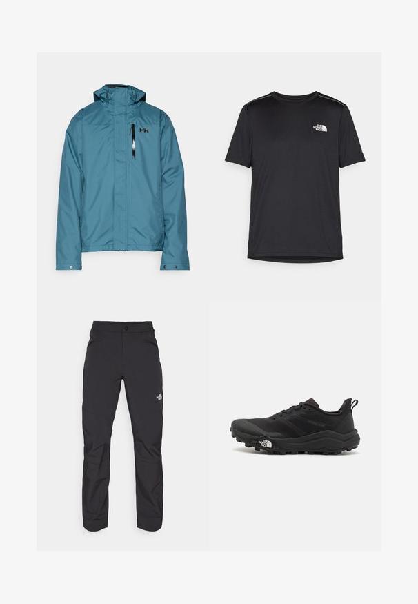 Giacca impermeabile teal con colletto alto, cappuccio regolabile e tasca sul petto con zip. Presenta un logo sottile in alto a sinistra.; T-shirt nero a maniche corte realizzata in tessuto leggero. Presenta un piccolo logo bianco sul lato sinistro del petto e delicati dettagli sulle spalle.; Pantaloni da esterno neri con tasca frontale con zip, materiale sintetico, gambe affusolate e pannelli rinforzati sulle ginocchia. Presentano una chiusura con bottone.; Scarpa da trail running nera con tomaia texture, suola in gomma e punta rinforzata. Presenta un collare imbottito e un tassello per un indossamento facile.