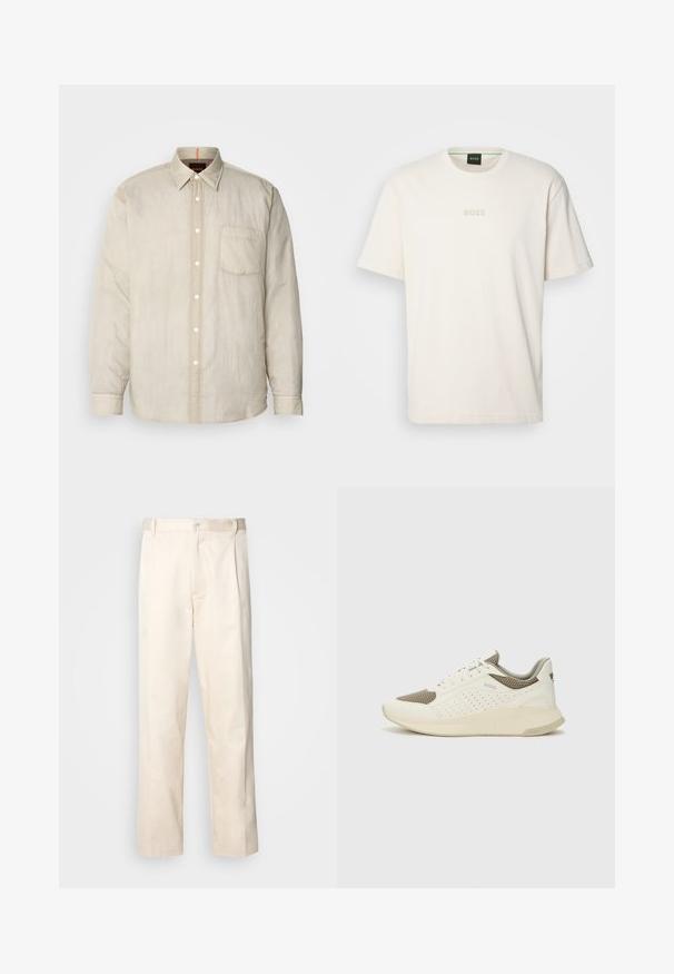 Cămășă bej deschis cu mânecă lungă, cu închidere cu nasturi în față, un singur buzunar pe piept și un material moale, ușor texturat. Detalii de contrast la guler.; BOSS TEE - Tricou basic - open white; Pantaloni din bumbac bej, cu croială dreaptă, dotati cu închidere cu nasture și pliuri în față pentru un plus de detaliu.; Tenis sportivi alb și bej deschis, cu un înveliș din plasă, detalii perforate și o talpă intermediară texturată, având marcaj pe călcâi.