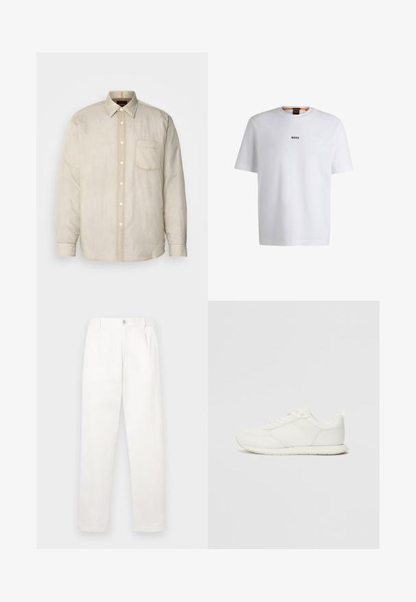 Lys beige langermet skjorte med knappfront, enkelt brystlomme og et mykt, lett teksturert stoff. Kontrasterende kragedetaljer.; Hvit bomulls T-skjorte med korte ermer, med en svart "BOSS" logo sentrert på brystet og rund halsdesign.; Hvite bukser laget av glatt stoff, med rett ben-design, frontfolder og en enkelt knappelukking i livet.; Hvit sneaker med en mesh- og syntetisk overdel, rund tå, flate lisser og en teksturert sidestropp. Gummisåle med en pull-tab bak.
