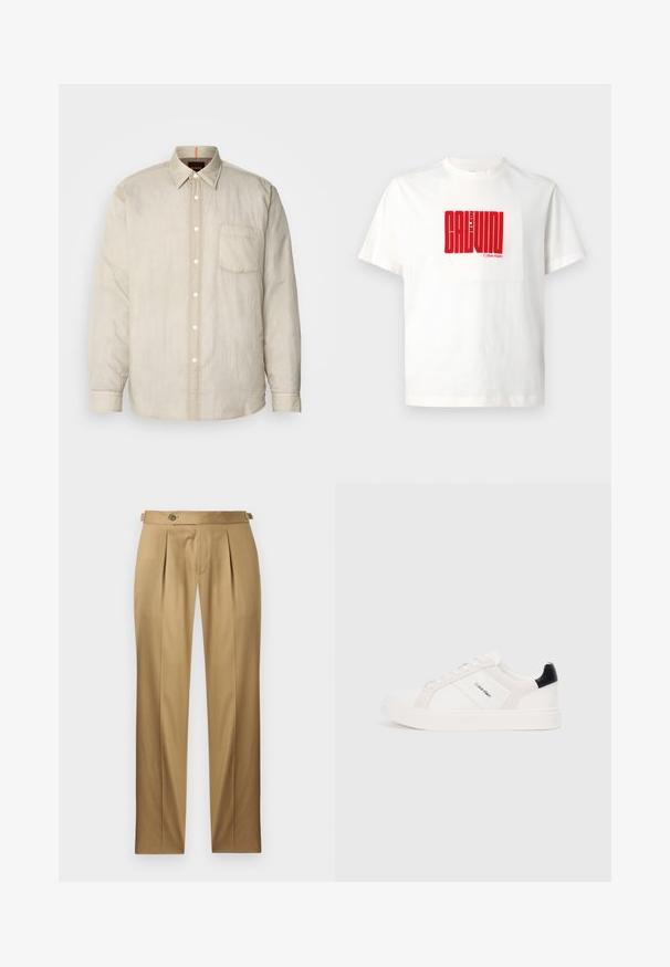 Lys beige langermet skjorte med knappfront, enkelt brystlomme og et mykt, lett teksturert stoff. Kontrasterende kragedetaljer.; Hvit bomulls t-skjorte med stort rødt grafisk trykk av "CALVIN KLEIN" på forsiden, med rund hals og korte ermer.; Beige bukser med rett passform, med folder, knappestenging og beltehemper. Glatt stoff med et rent, skreddersydd utseende.; Hvite sneakers med lys rosa og svarte detaljer, med glatte lær- og semskede paneler, rund tå og flat gummisåle.