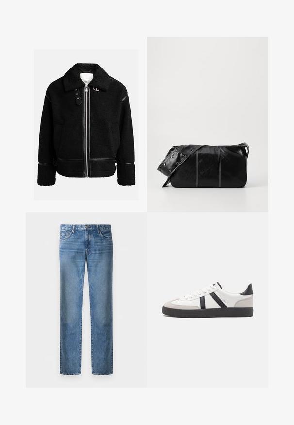 Melna vilnas jaka ar rāvējslēdzi, plata apkakle un ādas akcenti jostas vietā un piedurknēs. Iespējama teksturēta apdare.; Gaiši pelēks garo piedurkņu polo krekls, kas izgatavots no mīksta auduma, ar baltu apkakli un četru pogu aizdari. Gluda tekstūra, ikdienišķs dizains.; Gaiši zili džinsi ar taisnu kāju dizainu, pieci kabatas, metāla pogas aizdare, izbalējušas tekstūras ar nelielu nodilumu uz priekšpuses.; Baltas sneakeris ar melniem un pelēkiem akcentiem, kuram ir teksturēts pelēks purngals, melna gumijas zole un plakanas baltas šņores. Tīrs dizains, minimālisma stils.; Melnas ādas plecu soma ar rāvējslēdzēja aizdari, ar teksturētu virsmu, baltu dūrienu un siksnu ar sudraba iekavām.