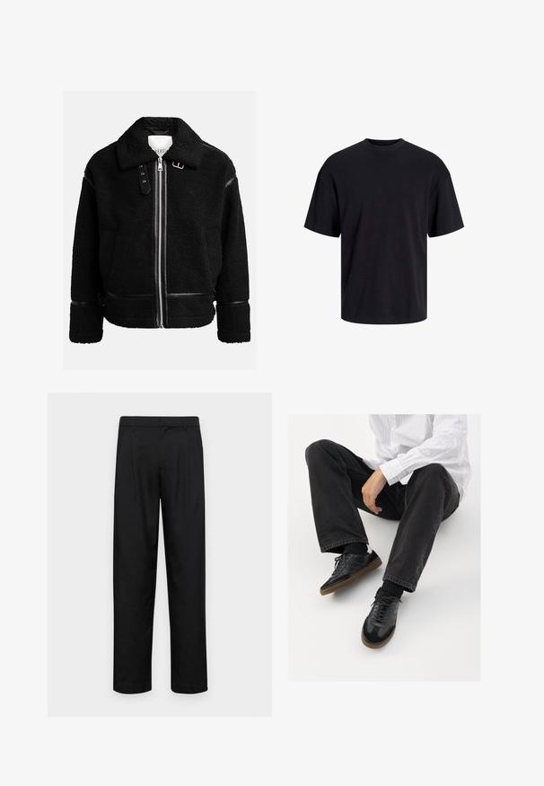 Svart fleecejakke med glidelås, bred krage og skinndetaljer ved livet og mansjettene. Har en teksturert overflate.; Svart bomull t-skjorte med rund hals, korte ermer og en avslappet passform. Glatt tekstur uten synlige mønstre eller detaljer.; Sorte bukser laget av glatt stoff, med rette ben, to frontfoldninger og standard liv med beltehemper.; Svarte joggesko med en glatt og teksturert overflate, med gummisåle og mørke snører. Kombinert med svarte jeans og en hvit stripet skjorte.