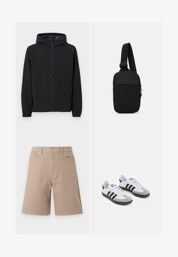 Sort vindjakke med hætte, med en frontlynlås, elastiske manchetter og logo-detalje. Lavet af letvægts, glat stof.; Grøn T-shirt lavet af bomuld med et struktureret geometrisk mønster. Har en ribbet rund hals og et lille logo på brystet.; Beige shorts lavet af tekstureret stof med lodrette striber, en linning med knap foran og sidelommer.; Sportsko med en overdel i hvid læder, grå ruskind på tåen og tre sorte striber. Har et blåt logo på tungen og en struktureret gummisål.; Sort crossbody taske lavet af slidstærkt stof, med en enkelt justerbar rem, en lynlåset hovedrum og en frontlomme.