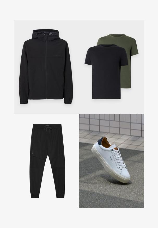 Crni windbreaker jakna s kapuljačom, s prednjim zatvaračem, elastičnim manžetama i detaljem s logotipom. Izrađena je od lagane, glatke tkanine.; Dva majica s okruglim izrezom u crnoj i maslinastoj boji, napravljena od mekanog pamučnog materijala. Dizajn je jednostavan s kratkim rukavima i ravnim krojem.; Crne sportske hlače od teksturirane tkanine, s podesivim pojasom, bočnim džepom sa zatvaračem i suženim manžetama.; Bijela kožna tenisica s mornarskom petom, okruglim vrhom i kontrastnim smešnim akcentima. Sadrži ravne vezice i teksturiranu gumenu potplat.