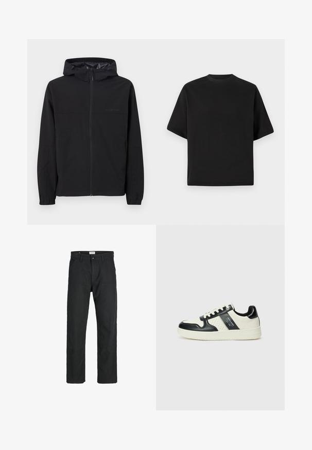 Juodas vėjalinė striukė su kapišonu, turi priekinį užtrauktuką, elastingas rankoves ir logotipo detalę. Pagaminta iš lengvos, lygaus audinio.; Juodas trumpomis rankovėmis marškinėlių dizainas, laisvas kirpimas, pagamintas iš lygios medvilnės, su apvaliu kaklu ir minimalistišku dizainu.; Juodi kelniai, pagaminti iš tvirto audinio, su tiesiomis kojomis, siuvinėtomis detalėmis ir dviem priekinėmis kišenėmis funkcionalumui.; Odiniai sportbačiai juodos ir kreminės spalvų schemoje, su perforuotais akcentais, paminkštinta apykakle ir tekstūruotu padu.