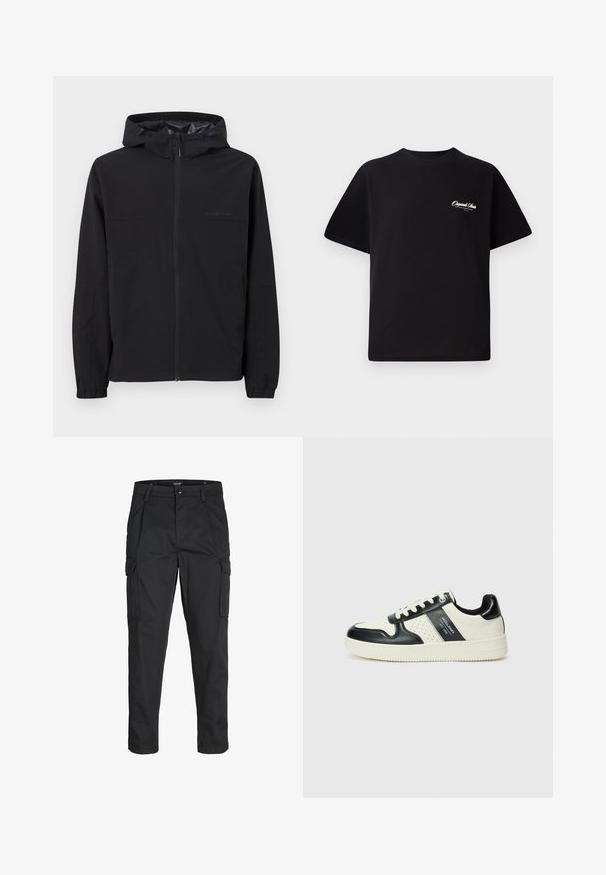 Sort vindjakke med hætte, med en frontlynlås, elastiske manchetter og logo-detalje. Lavet af letvægts, glat stof.; Sort bomulds T-shirt med rund halsudskæring, korte ærmer og lille hvid logo tekst på venstre bryst. Enkel design, klassisk pasform.; Sorte cargo-bukser lavet af slidstærkt stof, der har flere lommer, en knaplukning og et slim fit design med smalle ben.; Lædersneakers i sort og creme farveskema, med perforerede detaljer, en polstret krave og en struktureret ydersål.