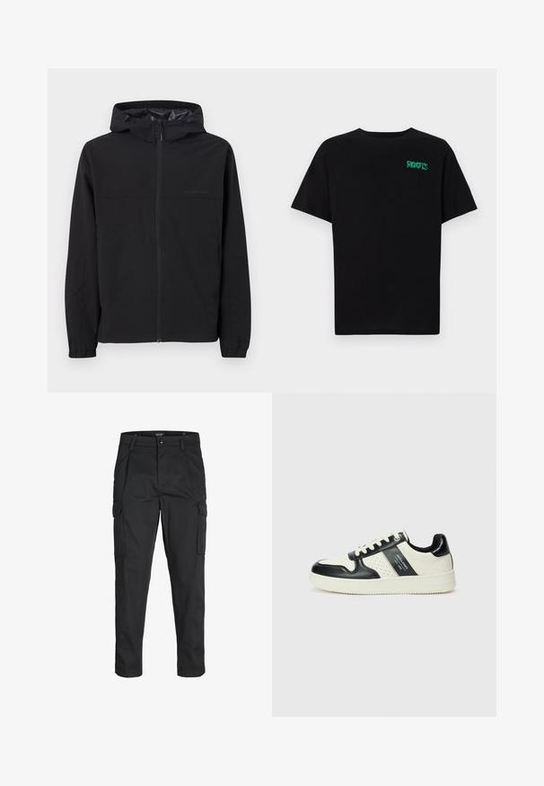 Svart vindjakke med hette, med glidelås foran, elastiske mansjetter og logo-detaljer. Laget av lett, glatt stoff.; svart t-skjorte laget av bomull med korte ermer. Har et grønt "ROOTS"-logo på forsiden, rund halsutringning og standard passform.; Sorte cargo bukser laget av slitesterkt stoff, med flere lommer, knappelukking og en slim fit-design med avsmalnede ben.; Lædersneakers med sort og creme farveskema, der har perforerede detaljer, en polstret krave og en struktureret ydersål.
