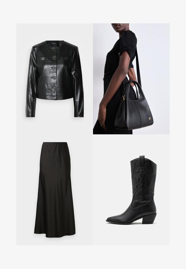 Black leather cropped jacket with a round neckline, five front buttons, and two small flap pockets. Smooth texture with a glossy finish.; Dark gray short-sleeve sweater made from a soft, textured knit. Features a crew neck and a slightly relaxed fit. Simple, clean design.; Black satin maxi skirt with a smooth texture, high waist, and flared bottom. Features a simple design with no visible patterns or hardware.; Black leather cowboy boot with pointed toe, embossed swirling patterns, and a mid-height heel. Features a pull tab for easy wear.; Black leather handbag with a hobo shape, featuring a smooth texture, rounded top, and gold hardware accents.