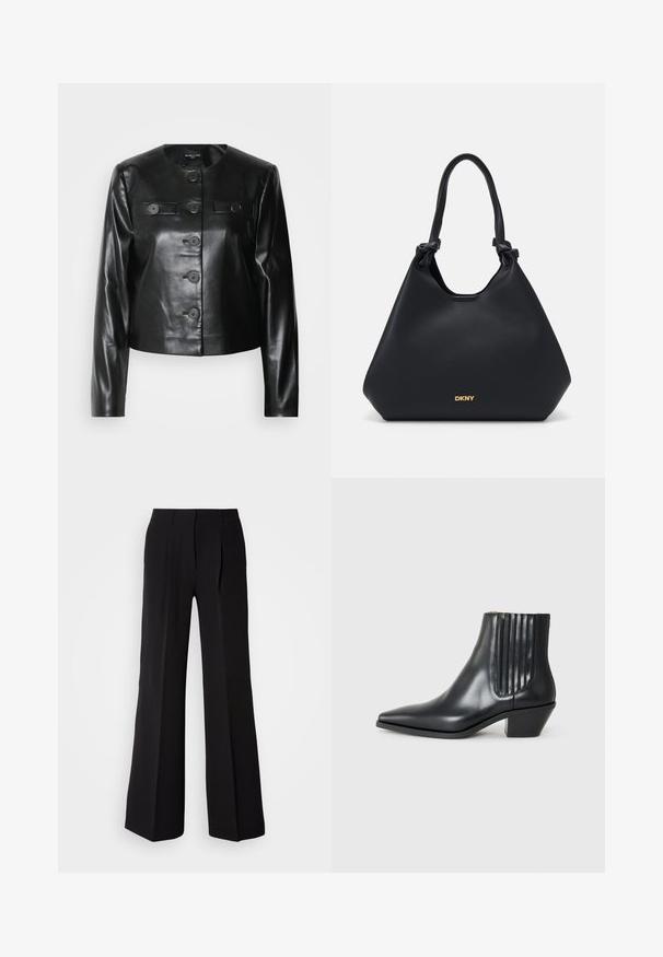 Črna usnjena skrajšana jakna z okroglo izrezom, petimi sprednjimi gumbi in dvema majhnima žepoma z poklopcem. Gladka tekstura z sijajnim zaključkom.; Črna пуловер ртица из эластичног материјала. Има дуге рукаве, фигурарни облик и глатку текстуру без узорака или украсних детаља.; Črne hlače iz gladkega materiala, z visokim pasom, širokimi nogavicami in dvema sprednjima pregiboma za dodatno oblikovanje.; Črne usnjene gležnjarje s koničastim nosom, elastičnimi stranskimi paneli z navpičnimi utori in nizko blokasto peto. Gladka tekstura in eleganten dizajn.; Črna usnjena torba s teksturiranim finišem, z voščenimi ročaji in z zlatim logotipom na dnu. Ima sproščeno silhueto.