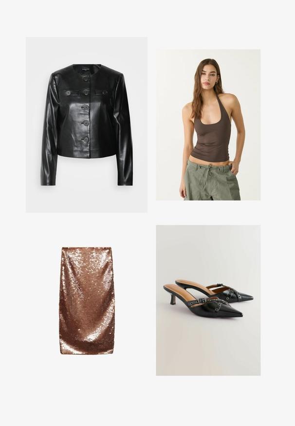 Giacca cropped in pelle nera con scollatura rotonda, cinque bottoni frontali e due piccole tasche a patta. Texture liscia con una finitura lucida.; Canotta marrone senza maniche con scollatura a girocollo e texture arricciata, abbinata a pantaloni cargo verde oliva con cordino.; Gonna mini in paillettes marroni, texture liscia, design aderente, finitura lucida con paillettes riflettenti disposte ravvicinate, senza cuciture visibili né tasche.; Tacchi slingback in pelle nera con punta affusolata, caratterizzati da fasce decorative e dettagli con occhielli, su un tacco a spillo modesto. Texture liscia.