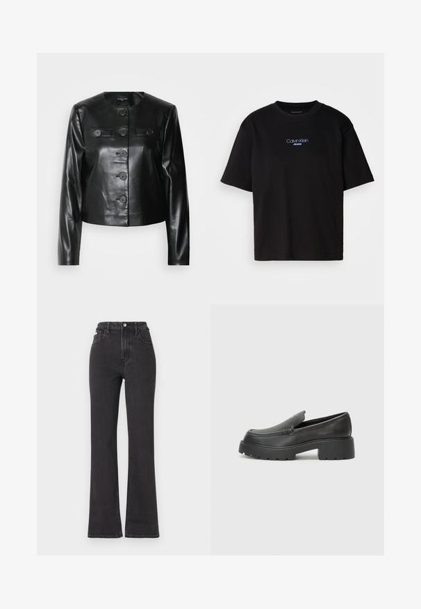 Sort læder cropped jakke med rund halsudskæring, fem knapper foran og to små klaplommer. Glat tekstur med en blank finish.; Sort bomulds t-shirt med rund hals, korte ærmer og blåt broderet "Calvin Klein JEANS" logo på fronten.; Sorte højtaljede flagrende jeans lavet af denim, med knaplukning, bæltestropper og sidelommer. Glat tekstur med minimal falming.; Sorte læder loafers med rund tå, tyk tekstureret sål og minimale syninger. Elegant design uden synlige snørebånd eller hardware.