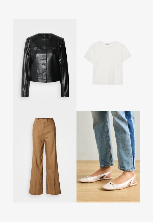 Mustavihreä lyhyt nahkatakki pyöreällä kaula-aukolle, jossa on viisi etunappia ja kaksi pientä läppätaskua. Sileä pinta ja kiiltävä viimeistely.; Valkoinen lyhythihainen T-paita, joka on valmistettu pehmeästä puuvillasta. Siinä on pyöreä kaula-aukko ja rento istuvuus. Siisti muotoilu ilman näkyviä kuvioita tai yksityiskohtia.; Ruskeat leveät housut, jotka on valmistettu kevyestä kankaasta. Ominaisuuksiin kuuluvat tasainen etuosa, vyölenkit sekä muotonsa mukauttava siluetti, jossa on nilkkapituinen leikkaus.; Vaaleanpunaiset slingback-ballerinat, joissa on terävä kärki, valmistettu sileästä nahkamaisesta materiaalista. Sivujen leikkuuyksityiskohdat ja tasapohja.