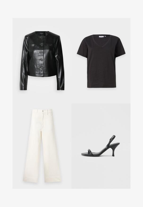 Jaqueta cropped de couro preta com decote redondo, cinco botões frontais e dois pequenos bolsos com aba. Textura suave com acabamento brilhante.; T-shirt de algodão preto com decote em V e mangas curtas. Design simples com um corte regular e sem padrões ou detalhes.; Calças largas em algodão bege claro. Apresentam uma cintura alta, bolsos frontais e um corte reto. Acabamento de bainha limpo, sem padrões.; Sandálias de salto alto em couro preto com um salto curvado e fino e um design de tiras cruzadas. Correia ajustável no tornozelo. Textura suave.