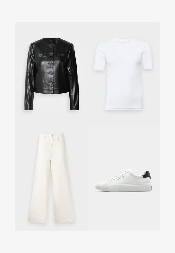 Zwarte leren cropped jas met een ronde halslijn, vijf knopen aan de voorkant en twee kleine klepzakken. Gladde textuur met een glanzende afwerking.; Witte korte mouw t-shirt gemaakt van katoen. Heeft een ronde halslijn en een gladde textuur, met minimale stiksels zichtbaar aan de zoom.; Bredere broek van lichtbeige katoen. Heeft een hoge taille, voorzakken en een rechte snit. Schoon afgewerkte zoom zonder patronen.; Witte sneaker met een gladde afwerking, zwarte hielaccenten en vetersluiting. Bevat "Calvin Klein" branding aan de zijkant. Minimalistische stijl.
