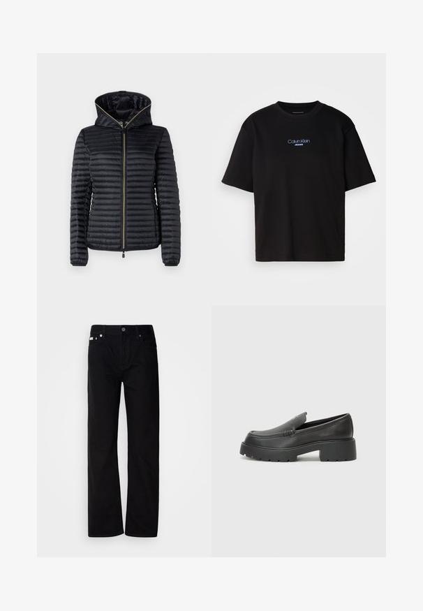 Veste noire rembourrée avec fermeture éclair à l'avant et capuche. Présente un design matelassé, des poignets élastiques et une doublure intérieure lisse. Accents dorés sur la fermeture éclair.; T-shirt en coton noir avec un col rond, des manches courtes et un logo brodé bleu "Calvin Klein JEANS" sur le devant.; Pantalons en denim noir à jambes droites avec cinq poches, rivets en argent et braguette à bouton. Le tissu a une finition lisse et légèrement texturée.; Mocassins en cuir noir avec un bout arrondi, une semelle épaisse et texturée, et des détails de couture minimalistes. Design épuré sans lacets ni métal visibles.