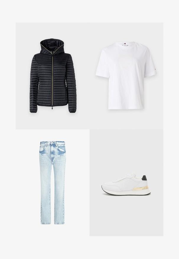 Veste noire rembourrée avec fermeture éclair à l'avant et capuche. Présente un design matelassé, des poignets élastiques et une doublure intérieure lisse. Accents dorés sur la fermeture éclair.; T-shirt en coton blanc avec un col rond, des manches courtes et un design de logo jaune subtil indiquant "HILFIGER NEW YORK 1985". Coupe standard.; Jeans en denim bleu clair avec un design à jambe droite, cinq poches et une texture délavée. Présente des coutures visibles et une fermeture à bouton classique.; Baskets blanches au fini lisse, avec un accent noir au niveau du talon et un détail métallique doré sur la semelle intermédiaire. Design à lacets, semelle en caoutchouc.