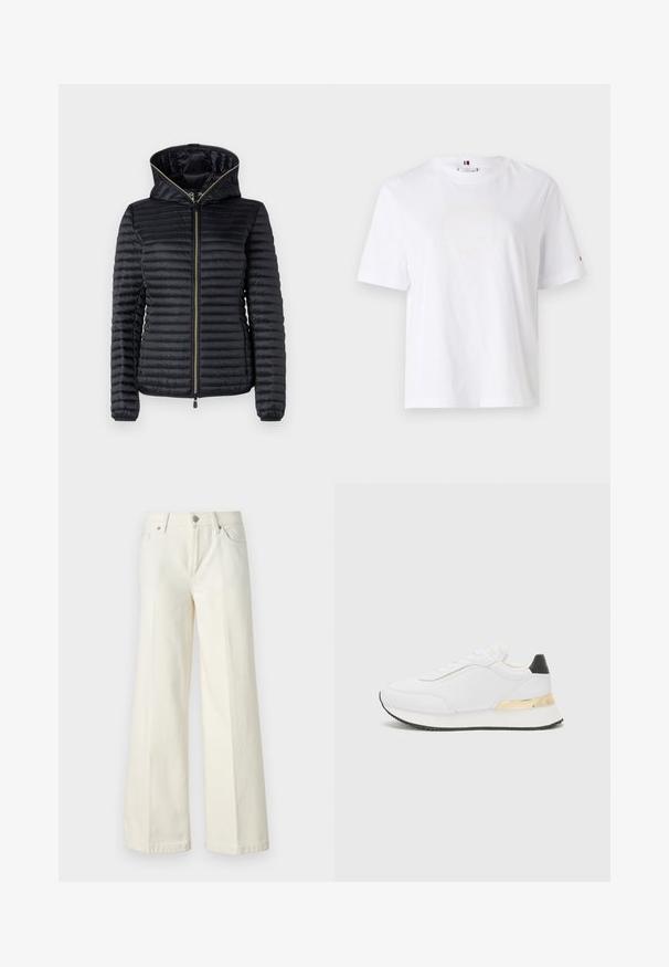 Melna pērļu jaka ar priekšējo rāvējslēdzēju un kapuci. Iespējas ar kviltotu dizainu, elastīgām aprocēm un gludu iekšējo oderi. Zelta akcenti uz rāvējslēdzēja.; Balts kokvilnas T-krekls ar apaļu kaklu, īsām piedurknēm un smalku dzeltenu logo dizainu, kas lasa "HILFIGER NEW YORK 1985". Standarta izgriezums.; Platās kāju baltās džinsas, izgatavotas no kokvilnas maisījuma auduma. Tām ir rāvējslēdzēja josta, piecu kabatu dizains un šuvju izšuvumi gar šuvēm.; Baltas sporta apavs ar gludu virsmu, ar melnu papēža akcentu un zeltītu metāla detaļu uz vidus zoles. Saista dizains, gumijas zole.