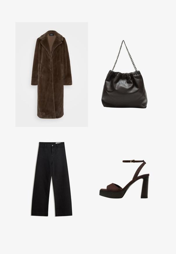 ONLY Tall ONLMEAGAN ciemnobrązowy; Ciemnobrązowy sweter dzianinowy z okrągłym dekoltem, opuszczonymi ramionami, ściągaczami przy mankietach i u dołu, o miękkiej teksturze i luźnym kroju.; Czarne dżinsowe spodnie o szerokich nogawkach i wysokim stanie, z przednimi i tylnymi kieszeniami, przeszyciami oraz zapięciem na guziki. Gładka struktura.; Brązowe zamszowe sandały na wysokim obcasie z odkrytymi palcami, regulowanym paskiem na kostce i paskowatą podeszwą.; Brązowa skórzana torba z marszczonym szczytem i łańcuszkowym paskiem. Gładka tekstura z błyszczącym wykończeniem i subtelnymi detalami szwów po bokach.