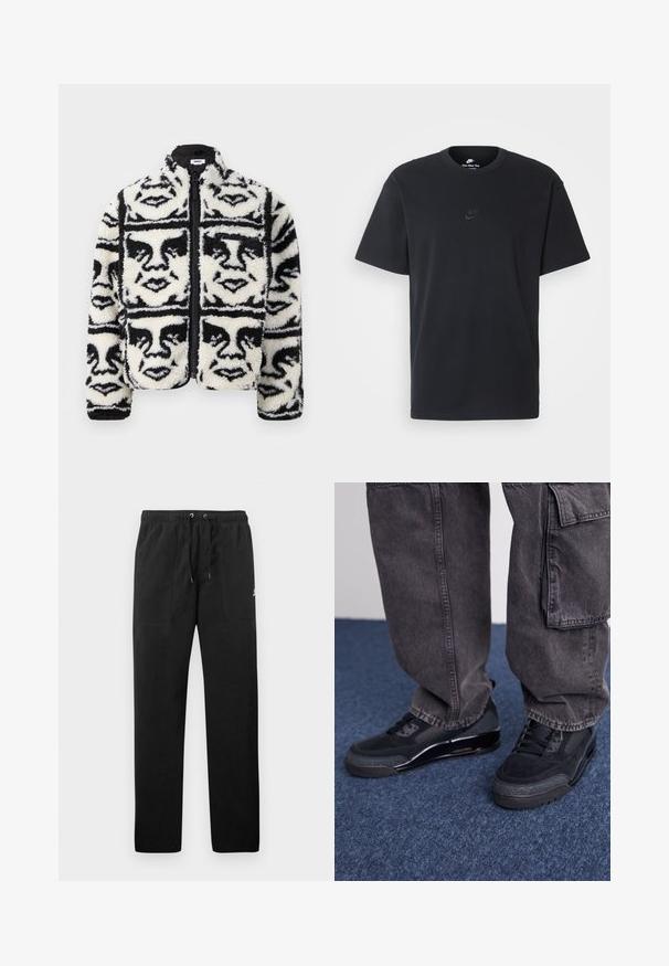 Fuzzy svart och vit zip-up jacka med ett upprepat grafiskt mönster av ansikten. Tillverkad av mjukt, texturerat fleece-material.; Svart t-shirt i bomull från Nike med klassisk rund halsringning, korta ärmar och en diskret, präglad logotyp på bröstet. Slät textur.; Svarta sweatpants i fleece, med resårmidja och dragsko, två framfickor och en liten logotyp på låret.; Svarta sportskor med strukturerad yta, släta detaljer och en kraftig sula, matchade med mörka, löst sittande cargobyxor.