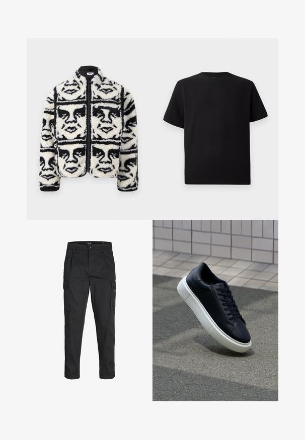 Fuzzy black and white zip-up jacket featuring a repeated graphic pattern of faces. Made of soft, textured fleece material.; Black short-sleeve T-shirt made of textured fabric, featuring a round neckline and a relaxed fit. Simple, no patterns or accents.; Black cargo pants made of sturdy fabric, featuring multiple pockets, a button closure, and a slim fit design with tapered legs.; Black leather sneaker with rounded toe and white rubber sole. Features flat laces and minimal stitching on the upper. Textured sole for grip.