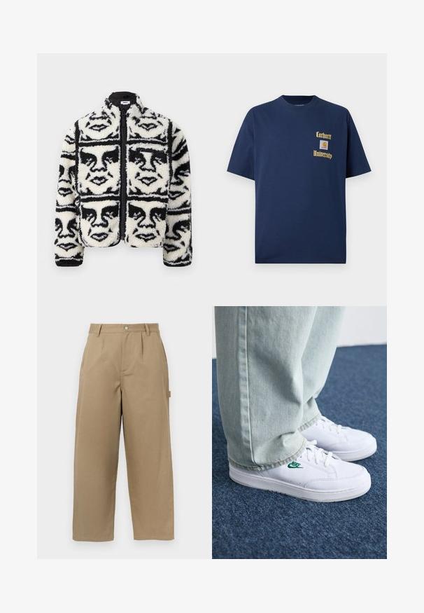 Puhast črno-belo zip-up jopo z večkrat ponovljenim grafičnim vzorcem obrazov. Narejena iz mehkega, teksturiranega flisa.; Navy modra bombažna majica s kratkimi rokavi, z zlatim napisom "Carhartt University" in logotipom na levem prsnem delu.; Bež hlače širokega kroja iz mešanice bombaža, z visokim pasom, sprednjimi naborki in dvema stranskima žepoma s gumbom.; Bela usnjena športna obutev z zelenim Nike logotipom, okrogla konica, ravna podplat, v kombinaciji z svetlo modrimi kavbojkami, prikazana na modrem preprogu.