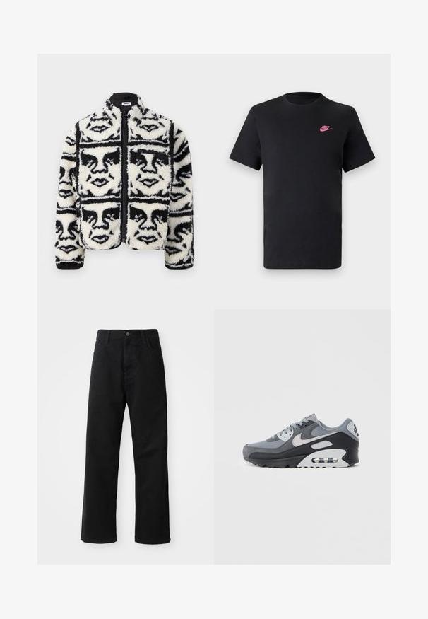 Futrzana czarno-biała kurtka zapinana na zamek z powtarzającym się graficznym wzorem twarzy. Wykonana z miękkiego, teksturowanego materiału polarowego.; Czarna bawełniana koszulka z okrągłym dekoltem i krótkimi rękawami. Posiada różowe logo Nike na górnej lewej stronie. Gładka faktura.; Czarne dżinsy o prostym kroju, z przednimi kieszeniami, zamkiem błyskawicznym i pojedynczym guzikem z przodu. Teksturowana tkanina o matowym wykończeniu.; Szary sneaker wykonany z mieszanki siateczki i zamszu, z czarną podeszwą i widoczną poduszką powietrzną. Charakterystyczne jasnoszare akcenty i sznurowadła.