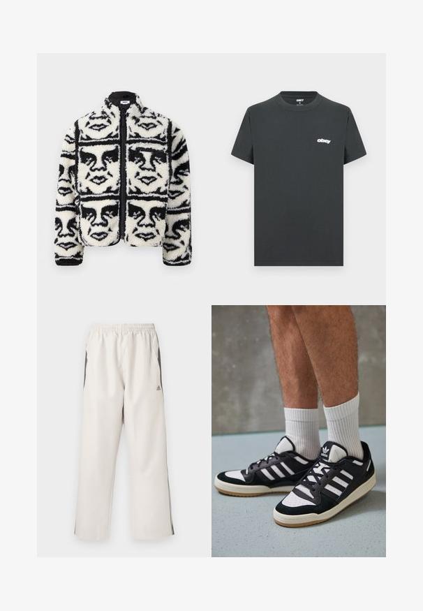 Fuzzy zwart-wit zip-up jack met een herhaald grafisch patroon van gezichten. Gemaakt van zacht, textuurfluweel materiaal.; Zwarte katoenen T-shirt met korte mouwen, ronde hals, en een wit "obey" logo op de linkerkant van de borst. Gladde textuur, regular fit ontwerp.; Lichtbeige trainingsbroeken met een elastische taille, zijzakken, zwarte zijstrepen en een Adidas-logo op de linker bovenbeen. Glad textuur van de stof.; Zwart-witte sneakers met een bovenwerk van suede en leer, voorzien van drie witte strepen, een geperforeerde neus en een rubberen gumzool.