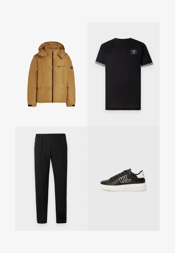Brūns polsterēts mētelis ar kapuci, priekšējais rāvējslēdzis, divas lielas kabatas un melns logo prints kreisajā krūtī. Iekļauj riboti aproces un pogas ar sprādzēm.; Melnas kokvilnas T-krekls ar apaļu kakla izgriezumu, īsām piedurknēm un baltām svītrām. Uz krūšu daļas ir kvadrātveida logotipa uzlīme.; Melnas sporta bikses ar elastīgu jostu, šauriem galiem un sānu kabatām. Materiāls šķiet mīksts, ar redzamām vīlēm.; Melnas ādas tenises ar baltu zoli, ar melnu un balto logotipu, plakani šņores un gluda tekstūra. Klasisks zemā apavā dizains.