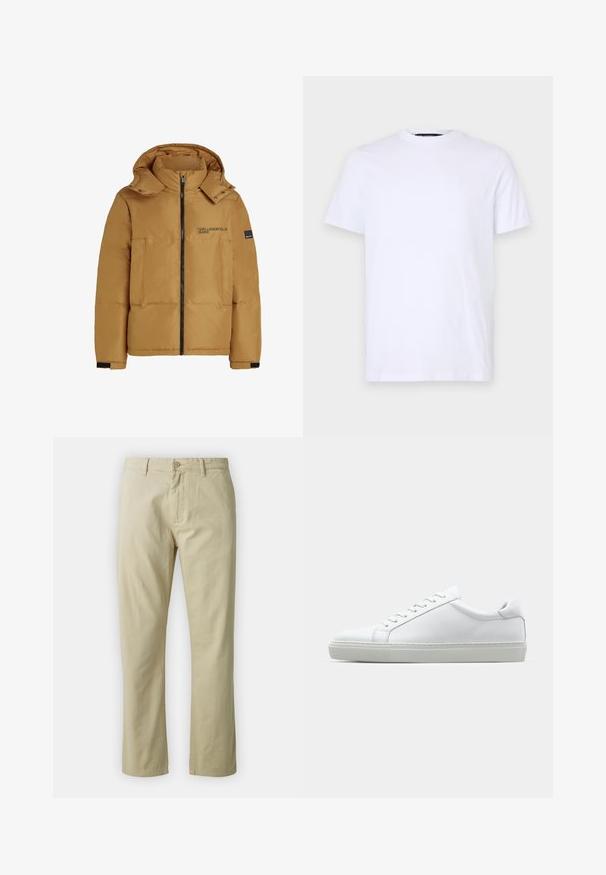 Brązowa kurtka ocieplana z kapturem, z zamkiem z przodu, dwiema dużymi kieszeniami i czarnym nadrukiem logo na lewej piersi. Posiada ściągacze na rękawach i zatrzaski.; Biała bawełniana koszulka z krótkimi rękawami i okrągłym dekoltem, z subtelnym wypukłym logo na lewej piersi, gładka w dotyku.; Beżowe bawełniane spodnie o prostym kroju, z zapięciem na guzik z przodu i paskiem. Gładka tekstura, bez widocznych wzorów czy akcentów.; Białe sneakersy z gładką skórzaną cholewką i niskim profilem. Posiadają okrągły nos, sześć dziurek na sznurówki oraz teksturowaną gumową podeszwę.